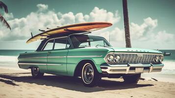 Old car with surf board. Illustration photo