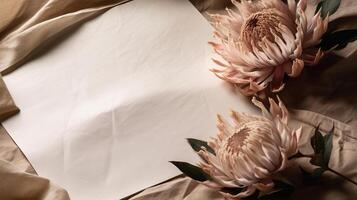 Dried protea flower with blank paper card. Luxury Background. Illustration photo