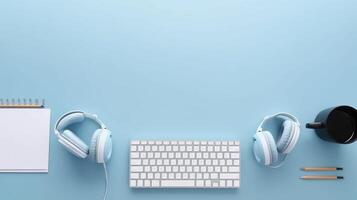 Flat design with headphones and laptop Illustration photo