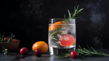 Cocktail of vodka and sprite with ripe fruits and rosemary Illustration photo