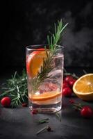 Cocktail of vodka and sprite with ripe fruits and rosemary Illustration photo