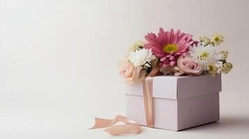 Greeting card with flower and gift box. Illustration photo