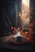 Autumn cozy coffee background. Illustration AI Generative photo