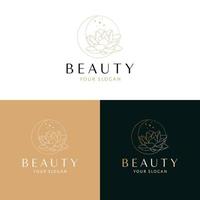 Beauty logo design. Moon and lotus flower vector logotype. Bohemian floral logo template.