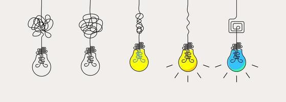 Light bulb with tangled wires line drawing concept. Mental problem solving design, business, solution. vector