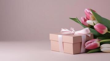 saludo tarjeta con flor y regalo caja. ilustración ai generativo foto