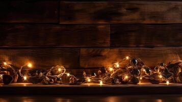 Dark Wooden Background with Christmas Lights. Illustration photo