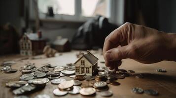 del hombre mano con monedas y casa. real inmuebles antecedentes. ilustración ai generativo foto