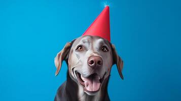 linda perro en cumpleaños gorra. ilustración ai generativo foto