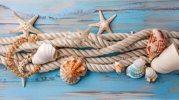 Blue summer background with shells. Illustration photo