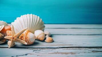 Blue summer background with shells. Illustration photo