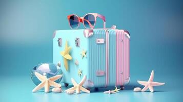 Blue Summer Holiday Background with suitcase. Illustration AI Generative photo