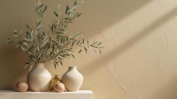 Olive tree branch on beige background. Illustration photo