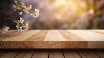 Empty wooden table with sakura flowers. Illustration photo