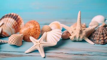 Blue summer background with shells. Illustration photo