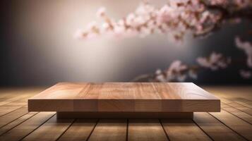 Empty wooden table with sakura flowers. Illustration photo