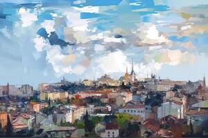 Large city in the style of impressionism painting Illustration AI Generative photo
