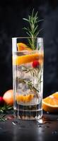 Cocktail of vodka and sprite with ripe fruits and rosemary Illustration photo