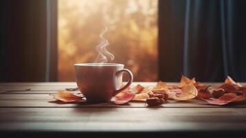 Autumn cozy coffee background. Illustration photo