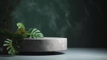 Natural stone podium with tropical leaves. Illustration photo
