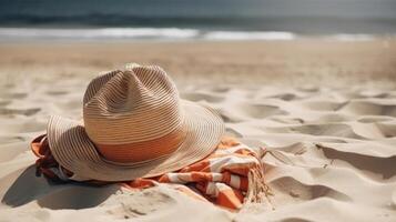 Big summer hat on beach. Illustration photo