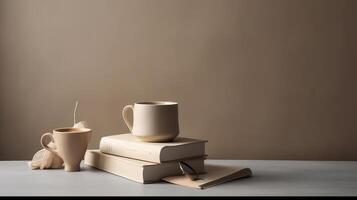 Coffee cups and books on minimalist background. Illustration photo