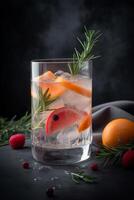 Cocktail of vodka and sprite with ripe fruits and rosemary Illustration photo