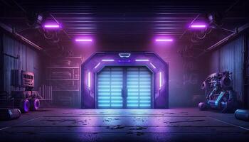 Vibrant Glowing purple and blue neon Laser on a Futuristic Sci-Fi Stage. photo