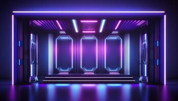 Vibrant Glowing purple and blue neon Laser on a Futuristic Sci-Fi Stage. photo