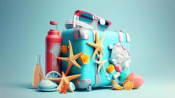 Blue Summer Holiday Background with suitcase. Illustration photo