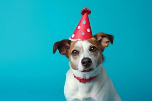 Cute dog in birthday cap. Illustration photo