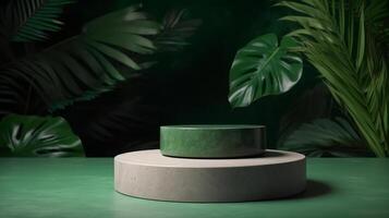 Natural stone podium with tropical leaves. Illustration photo