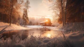pequeño casa en invierno ilustración ai generativo foto