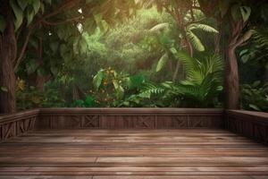 Wooden floor with tropical background. Illustration photo