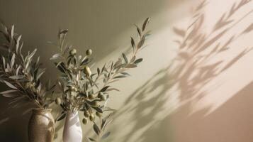 Olive branch leaves on beige background. Illustration photo