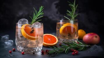 Cocktail of vodka and sprite with ripe fruits and rosemary Illustration photo