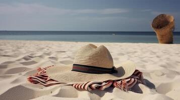 Big summer hat on beach. Illustration photo