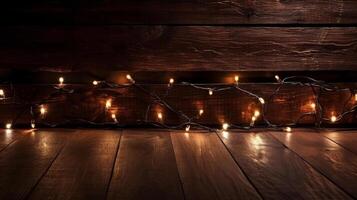oscuro de madera antecedentes con Navidad luces. ilustración ai generativo foto