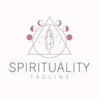 Spirituality vector logo design. Crystals and esoteric flat logotype. Moon and crystal logo template.