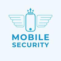 Mobile security vector logo design. Smartphone with crown and wings logotype. Communication flat logo template.