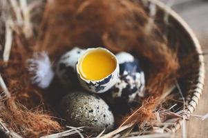 quail eggs on basket, fresh quail eggs on wooden table background, raw eggs with peel egg shell photo