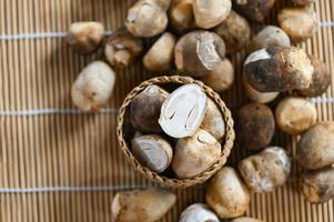 straw mushrooms on basket, fresh mushrooms slice for cooking food photo