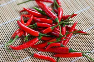 Chili pepper, Red hot chilli peppers on wooden background. Close up group of ripe red chilli photo