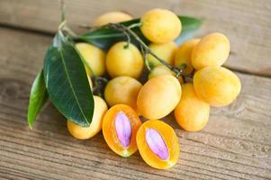 Marian plum fruit and leaves in plate on wooden background, tropical fruit Name in Thailand Sweet Yellow Marian Plum Maprang Plango or Mayong chid photo