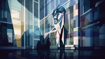 Modern office building with man silhouette painting in Cubism style, Illustration photo