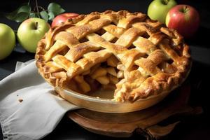 A beautiful pie with a lattice crust sits on a table next to a basket of apples photo