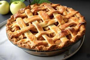 A pie with a lattice crust sits on a table photo