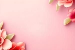 Pink and flowered background with empty space for the Mother's Day text, with flowers forming a frame, copy space photo