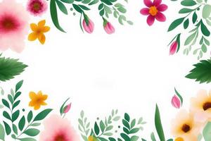 Spring background with pink, yellow flowers, and green leaves for Mother's Day, copy space photo