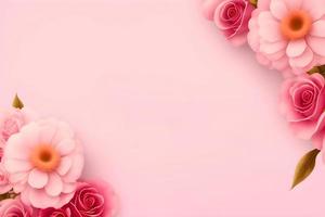 Pink and flowered background with empty space for the Mother's Day text, with flowers forming a frame, copy space photo